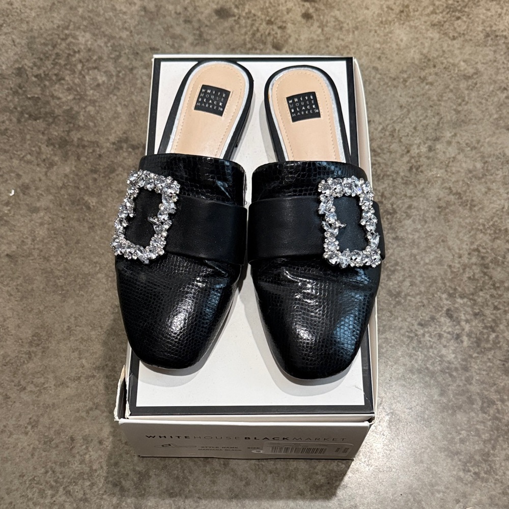 White House Black Market Black Crystal Buckle Mules